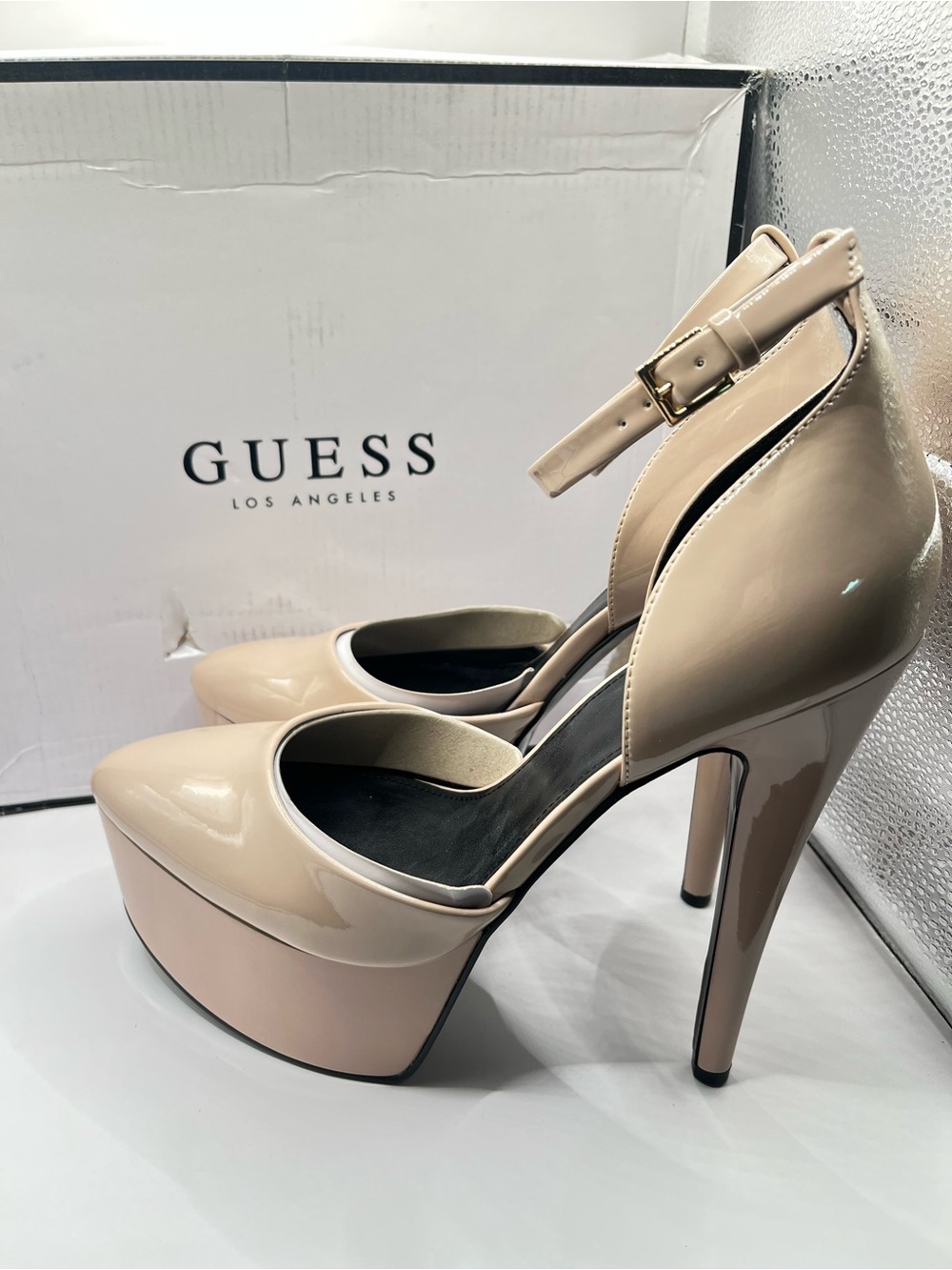 GUESS Rachal New Women's 9 Nude Patent Platform Ankle-Strap Platform Stiletto's